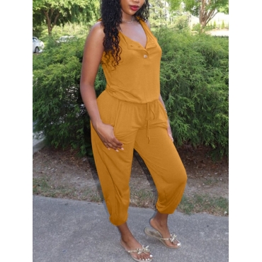 

LW Casual Button Design Drawstring Caramel Color One-piece Jumpsuit