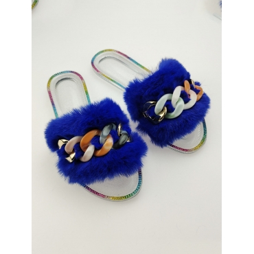 

LW Casual Feather Decoration Hollow-out Blue Slippers