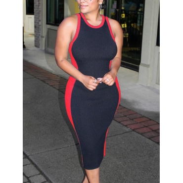 

Lovely Casual Round Neck Striped Black Mid Calf Dress