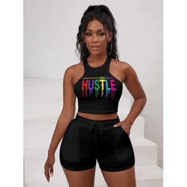 

LW Casual Letter Print Skinny Black Two Piece Shorts Set