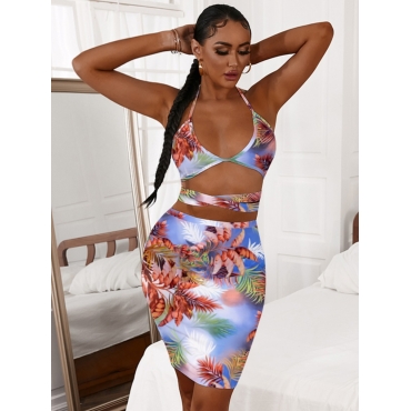 

LW Boho Floral Print Cross-over Bandage Design Blue Two Piece Skirt Set