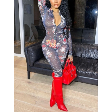 

Lovely Skull Head Letter Print See-through One-piece Jumpsuit, Black