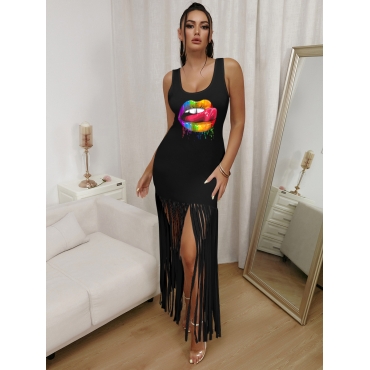 

LW Casual Lip Print Tassel Design Black Mini Dress