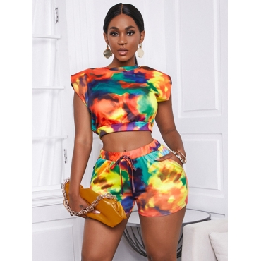 

Lovely Street Tie-dye Drawstring Multicolor Two Piece Shorts Set, Multi