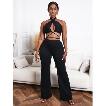 

LW COTTON Sexy Cross-over Bandage Design Black Two Piece Pants Set