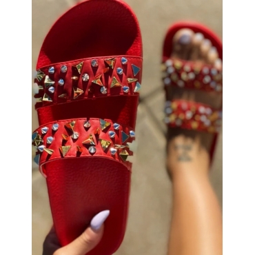 

Lovely Rivet Decoration Double Strap Slippers, Red