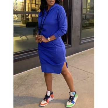 

Lovely Kangaroo Pocket Slit Sweater Dress, Blue