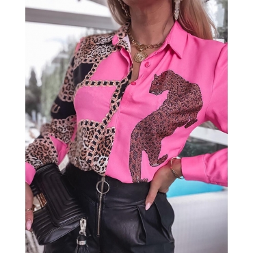 

Lovely Chain Leopard Print Blouse, Pink