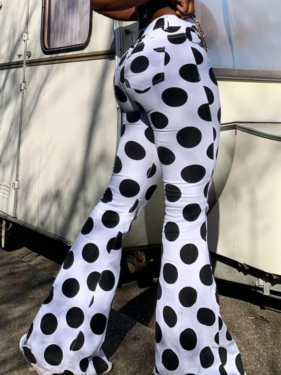 

LW BASICS Mid Waist Dot Print Flared Pants, White