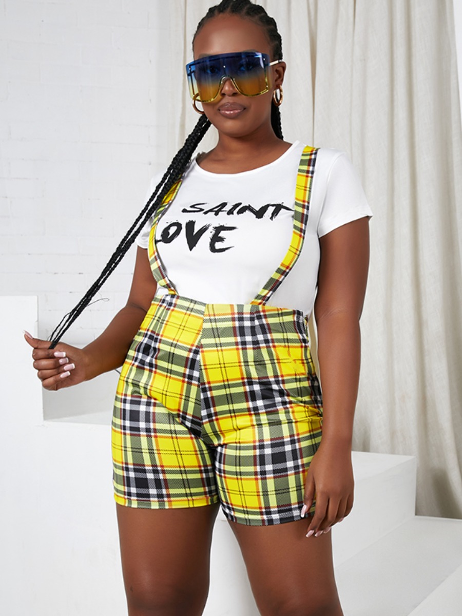 

LW Plus Size Plaid Letter Print Overall Two-piece Shorts Set, Yellow