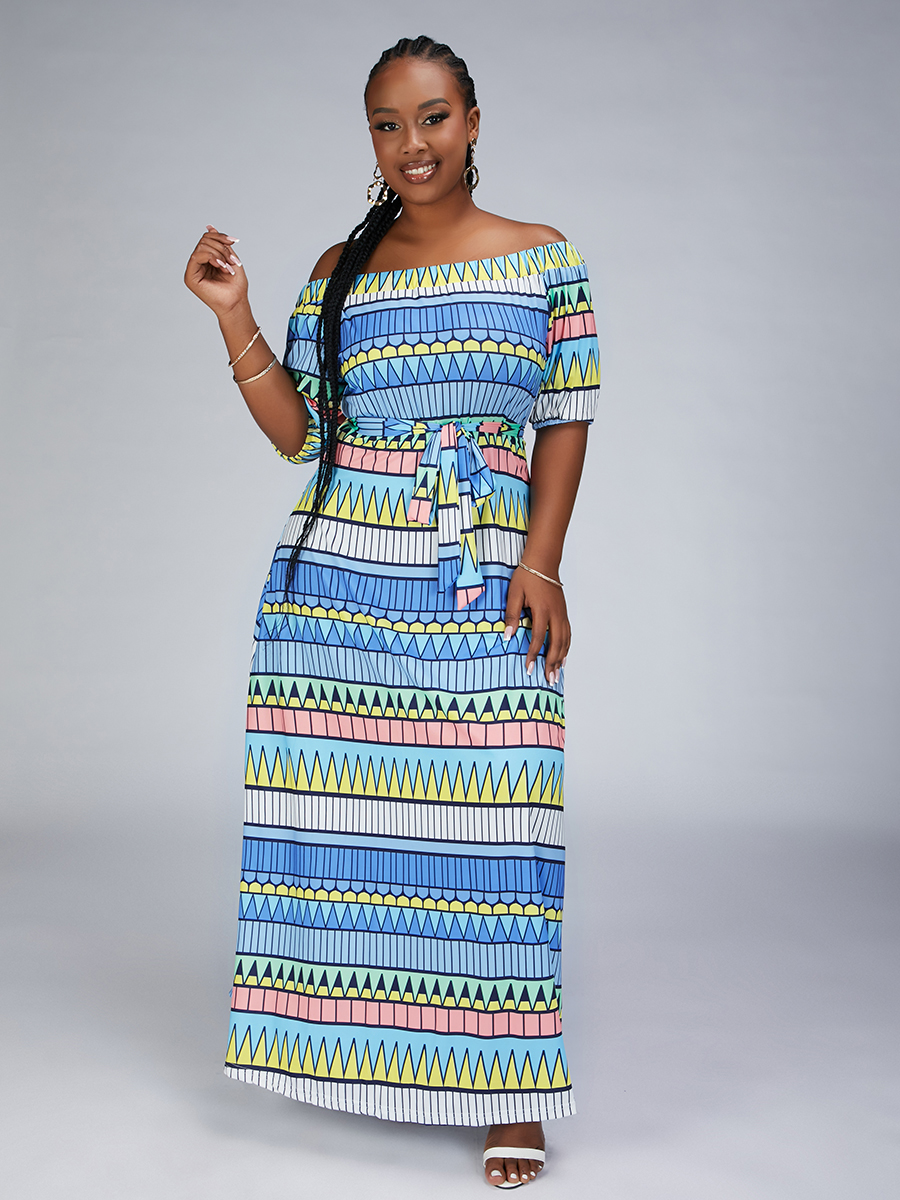 

Lovely Plus Size Geometric Striped Bandage Dress, Blue