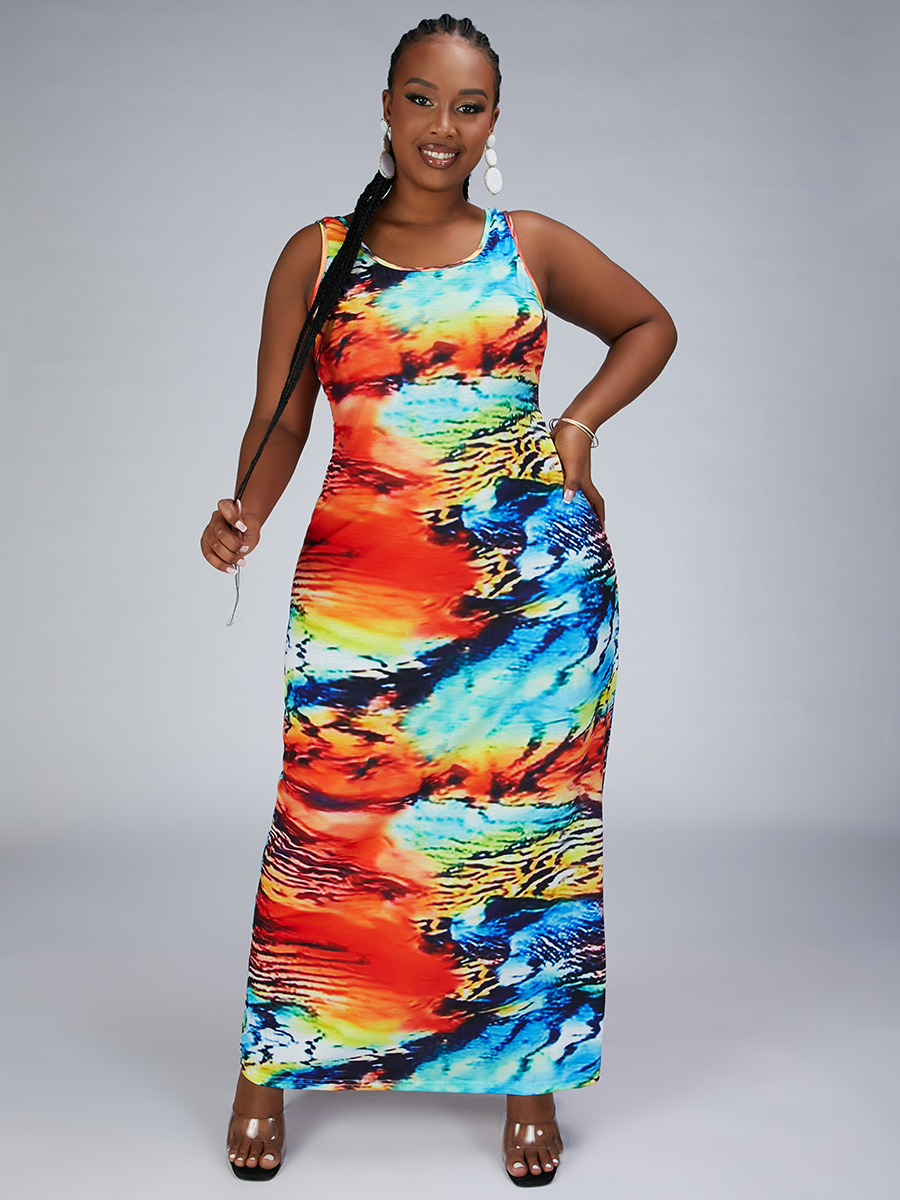 

Lovely Plus Size U Neck Mixed Print Dress, Croci