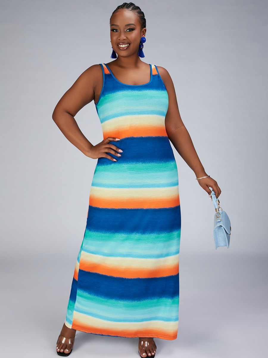 

Lovely Plus Size U Neck Striped Dress, Stripe
