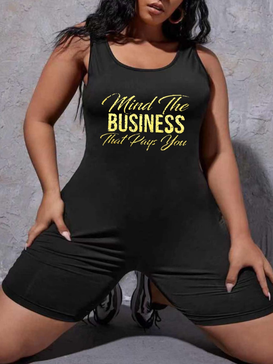 

LW Plus Size U Neck Letter Print One-piece Romper, Black
