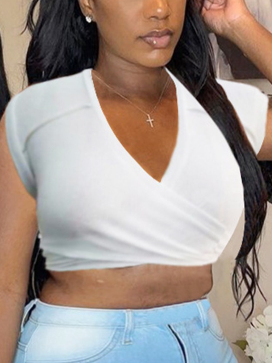 Lovely Plus Size V Neck Pleated T-shirt, White