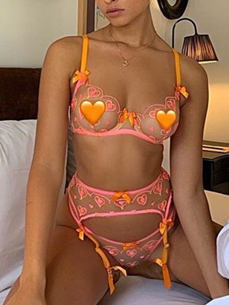 

Lovely Heart Decoration See-through Bra Set, Pink