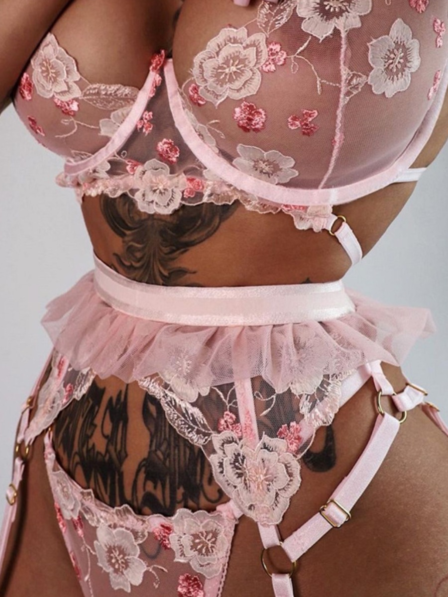 

LW Floral Decoration Flounce Design See-through Secret Set, Pink