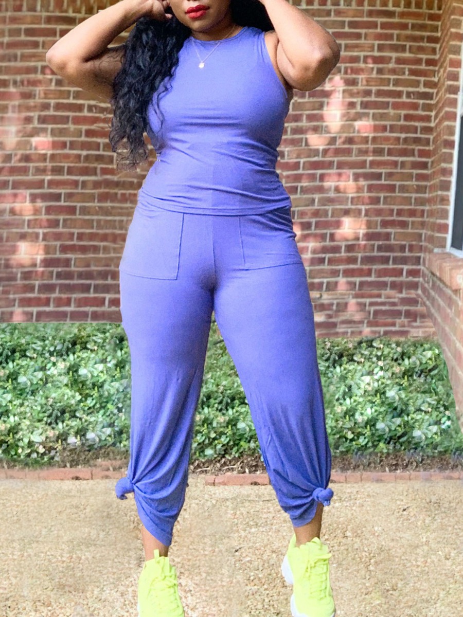 

LW Pocket Design Flared Two Piece Pants Set, Purple