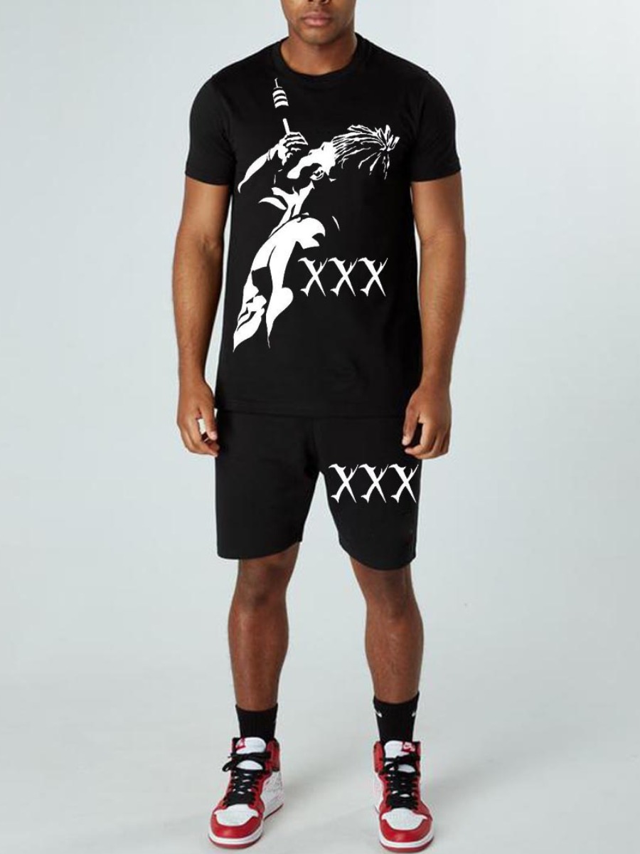 

Lovely Men Figure Letter Print Two Piece Shorts Set, Black