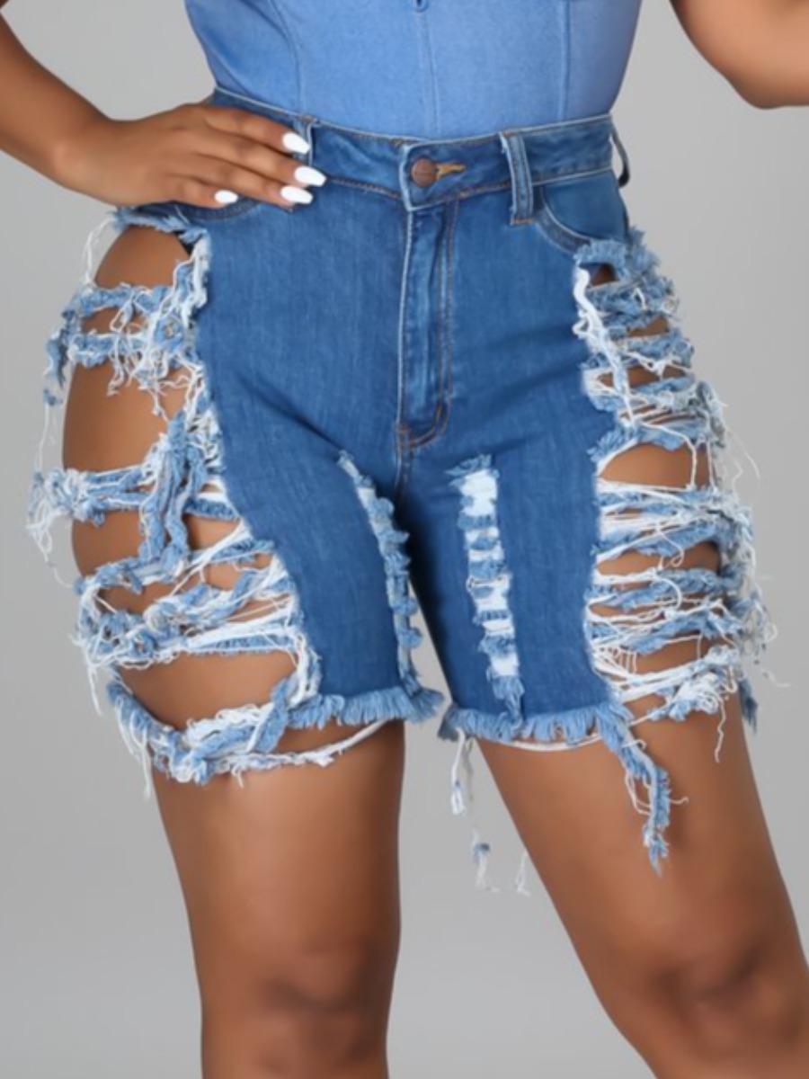 

LW High-waisted Ripped Denim Shorts, Blue