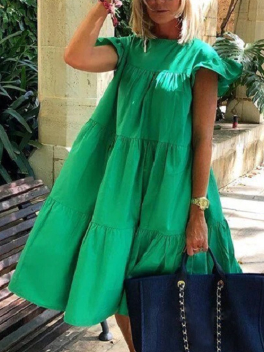 LovelyWholesale Basic Solid A Line Blending Midi Dress Summer Short Sleeve Sweet Basic Round Neck Spring Summer 2024