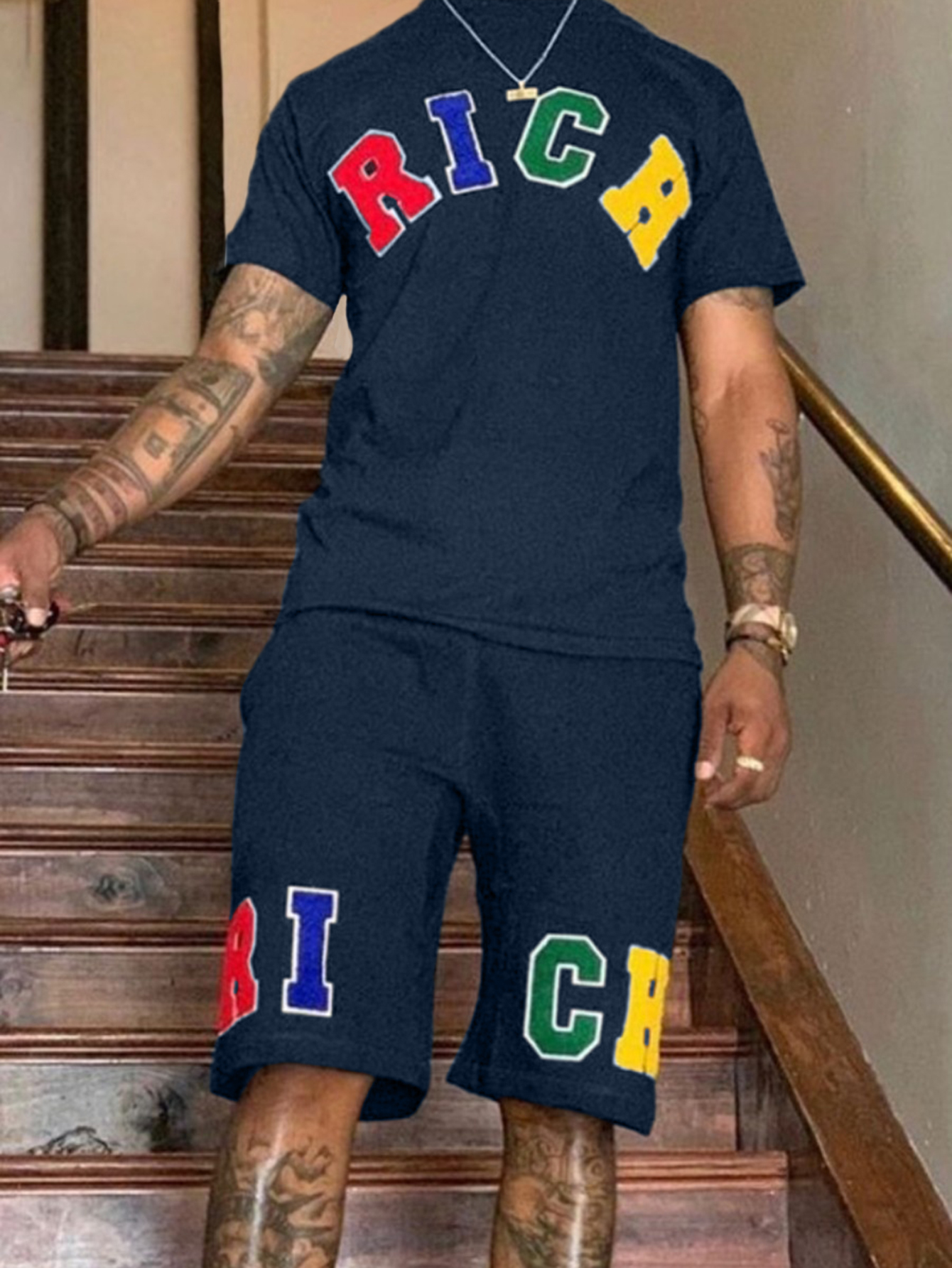 LovelyWholesale Men Round Neck Letter Print Two Piece Shorts Set Summer Short Sleeve Casual Letter Round Neck Spring Summer 2024