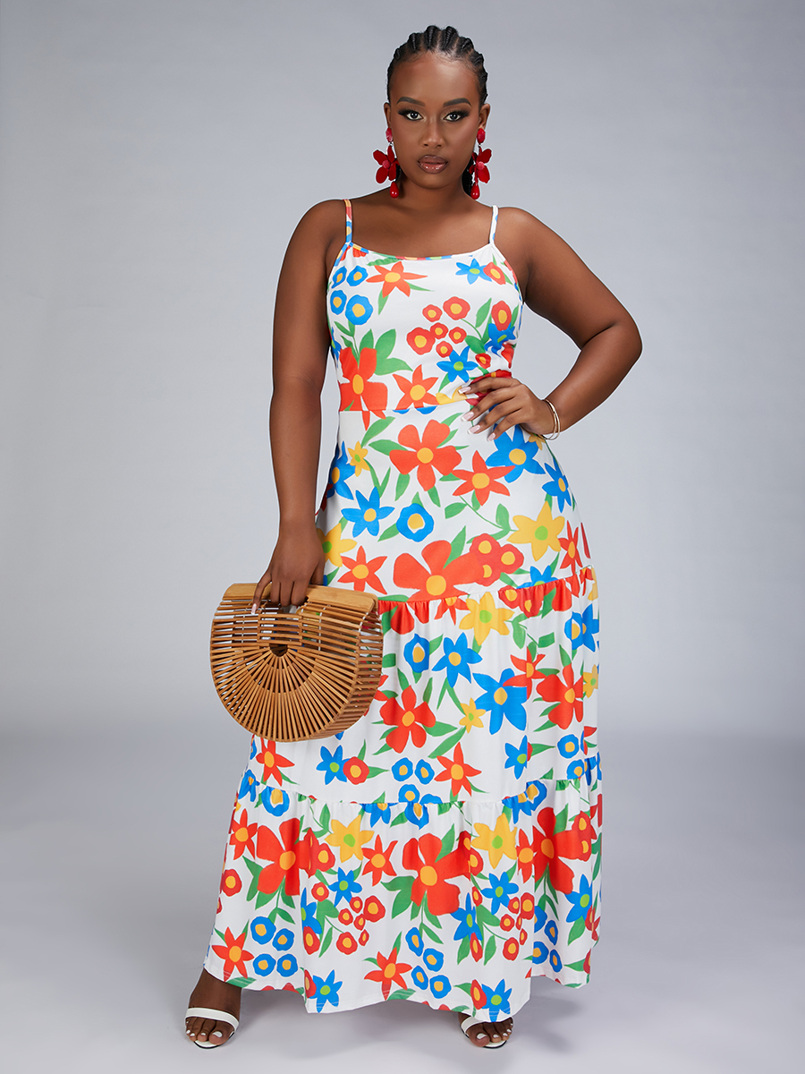 

LW Plus Size Floral Print Patchwork A Line Dress, Red