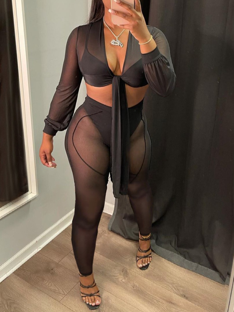 

LW SXY See-through Bandage Design Two Piece Pants Set, Black