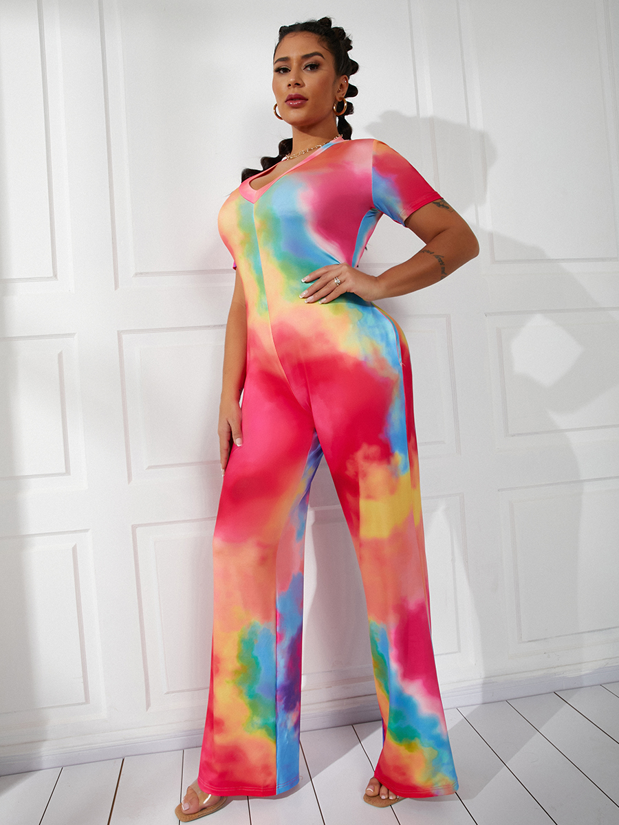 

LW Casual V Neck Tie-dye Red One-piece Jumpsuit