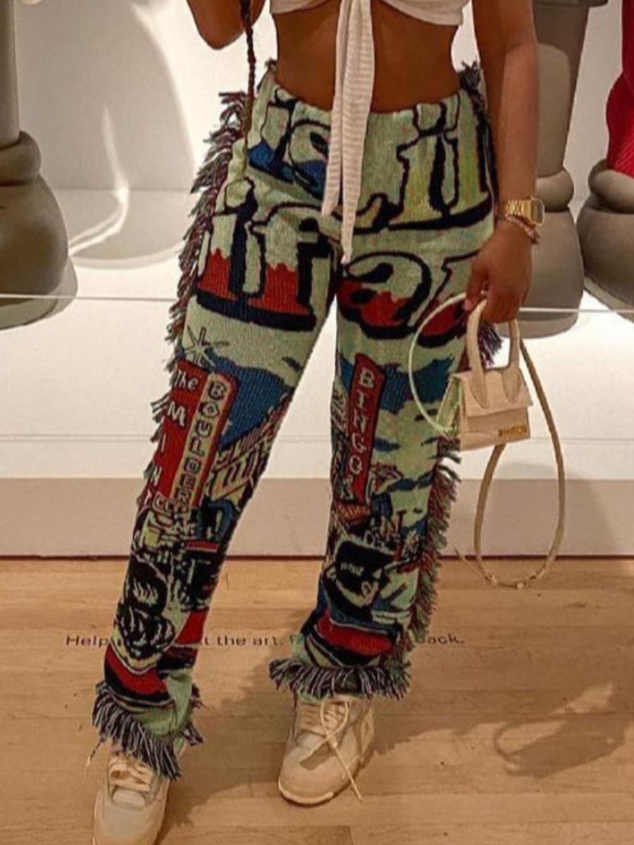 

Lovely Letter Print Tassel Design Pants, Green