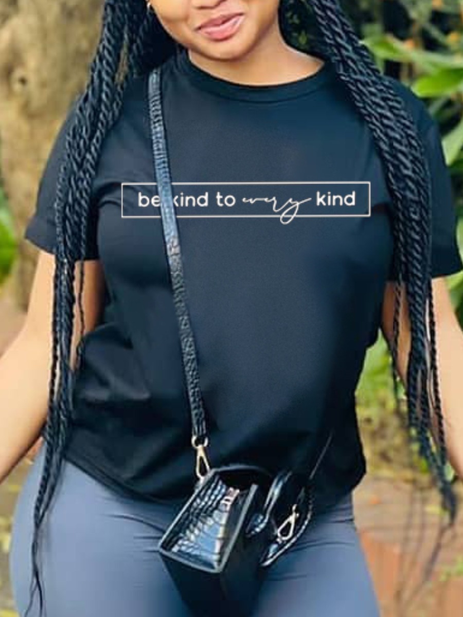 

LW Round Neck Letter Print T-shirt, Black