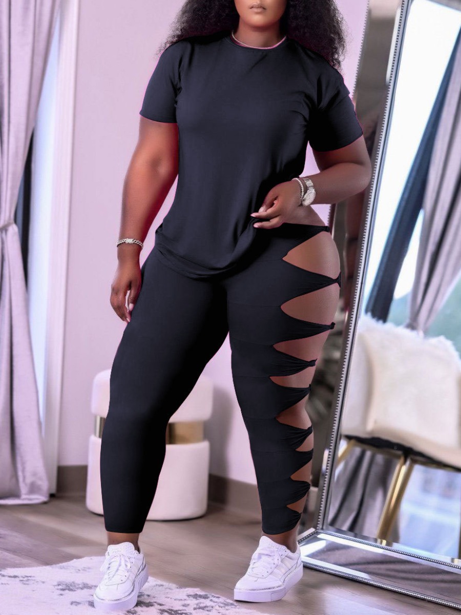 

Lovely Plus Size Round Neck Hollow-out Two Piece Pants Set, Black