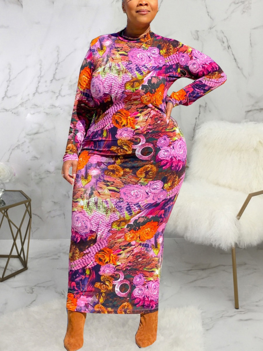 

LW Plus Size Half A Turtleneck Mixed Print Dress, Rose red