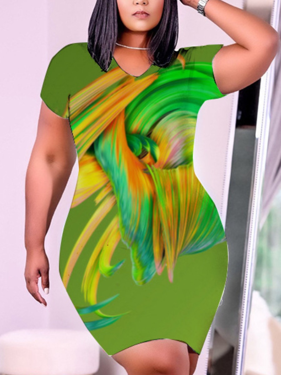 

Lovely Plus Size V Neck Mixed Print Dress, Green