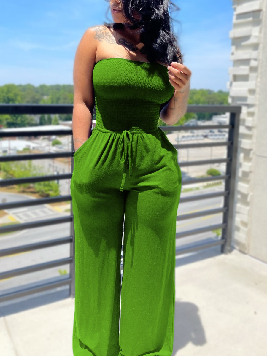 

LW Shirred Drawstring One-piece Jumpsuit, Green