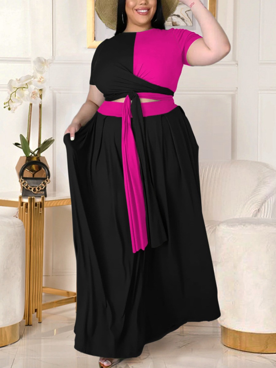 

Lovely Plus Size Bandage Design Patchwork Two-piece Skirt Set, Rose red