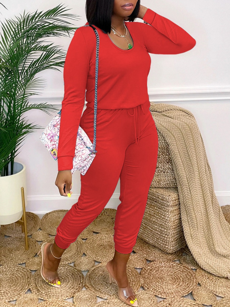 

LW U Neck Drawstring One-piece Jumpsuit, Red
