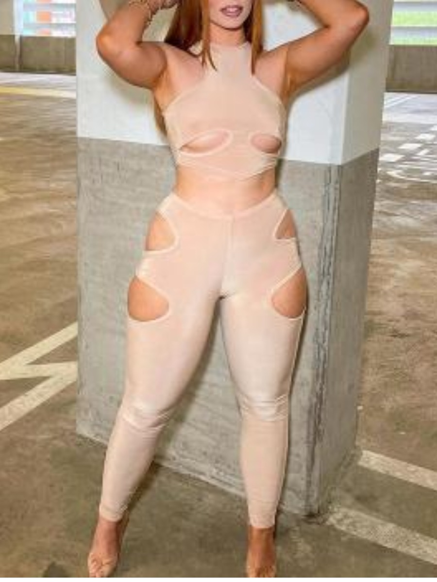 

LW Round Neck Hollow-out Two Piece Pants Set, Apricot