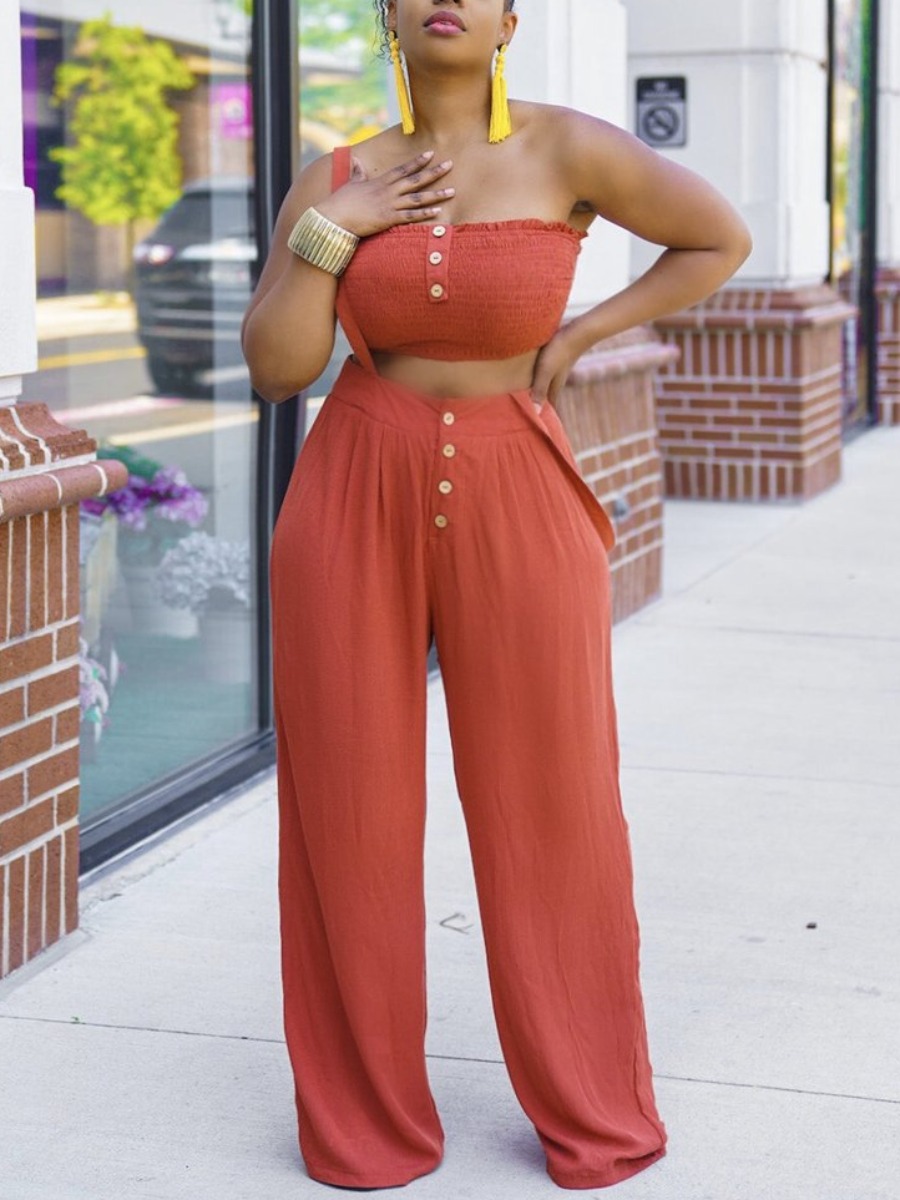 

Lovely Shirred Wide Leg Overall Two Piece Pants Set, Jacinth