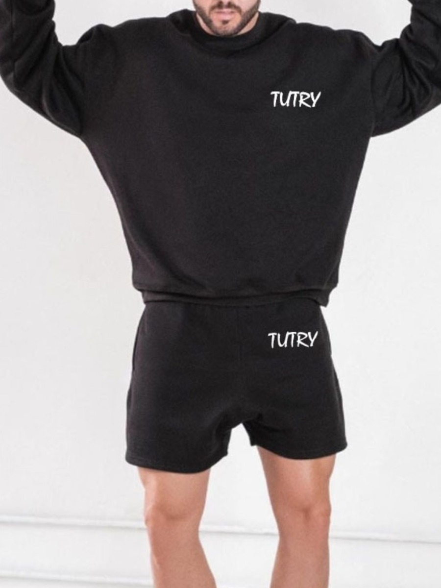 

Lovely Men Letter Print Drawstring Two Piece Shorts Set, Black