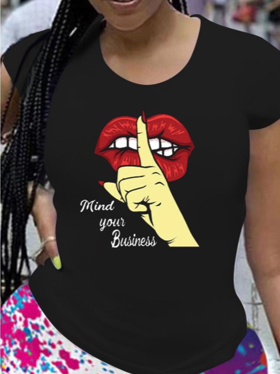 

Lovely Letter Lip Palm Print T-shirt, Black