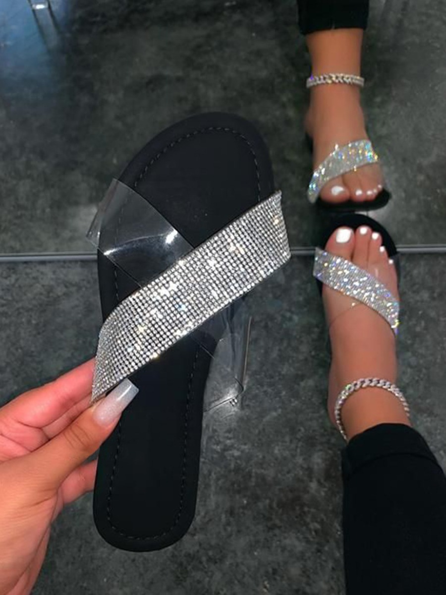 

LW Sequined Round-toe Slippers, Black