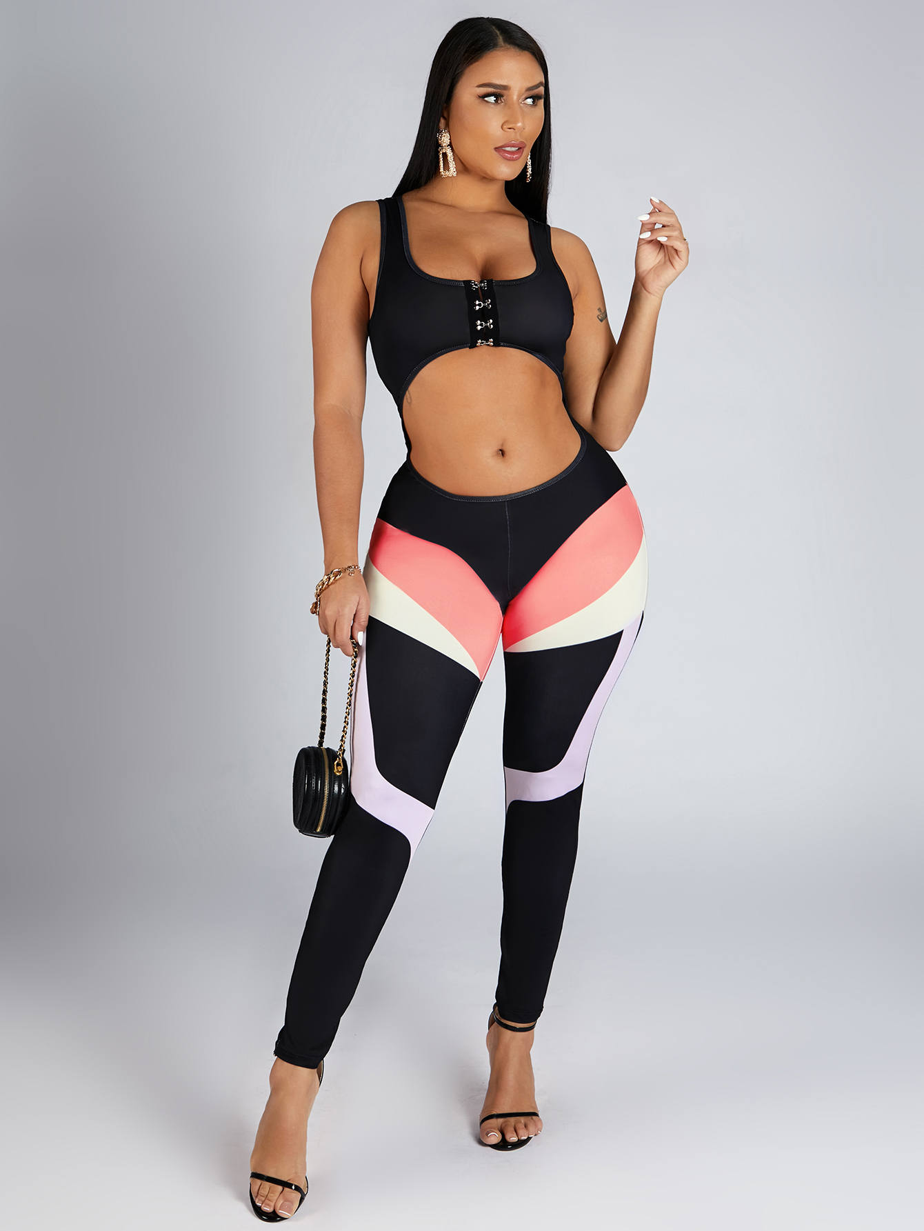 

LW Sporty Color-lump Hollow-out Black One-piece Jumpsuit