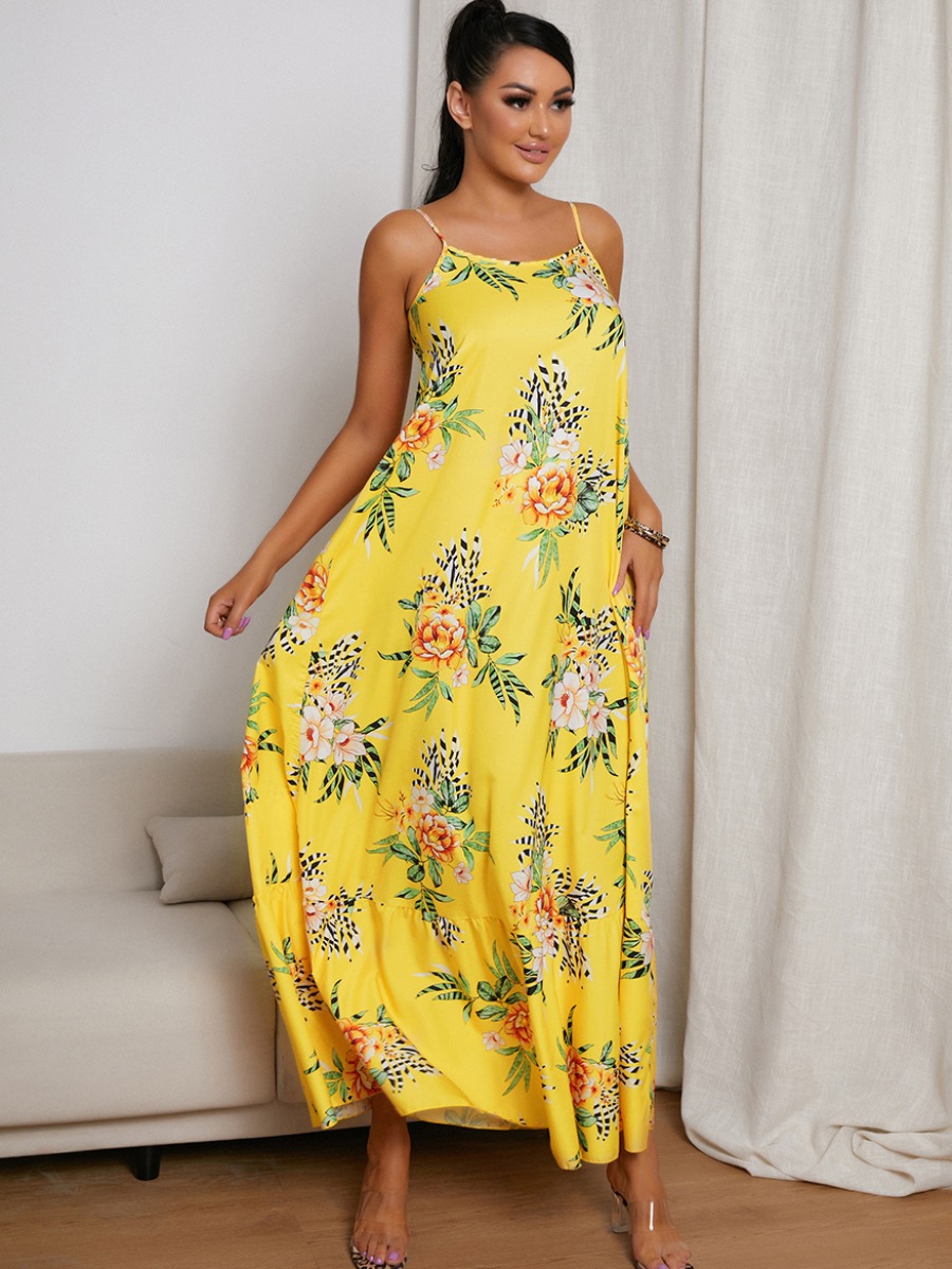 

Lovely Floral Print Cami A Line Dress, Yellow