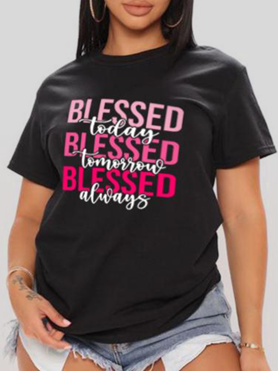 LovelyWholesale Round Neck Letter Print T-shirt Summer Short Sleeve Casual Basic Round Neck Spring Summer 2024