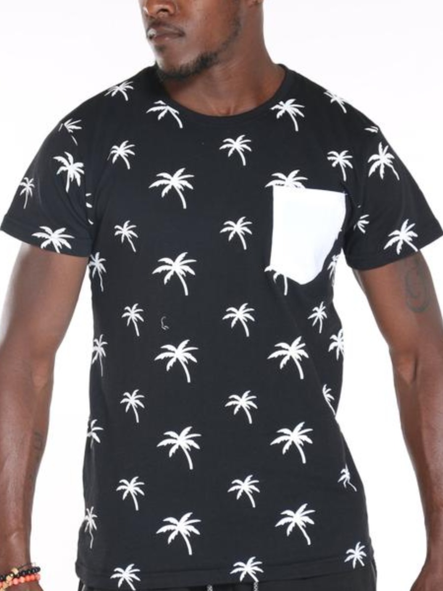 

Lovely Men Plant Print Patchwork T-shirt, Pitch-black