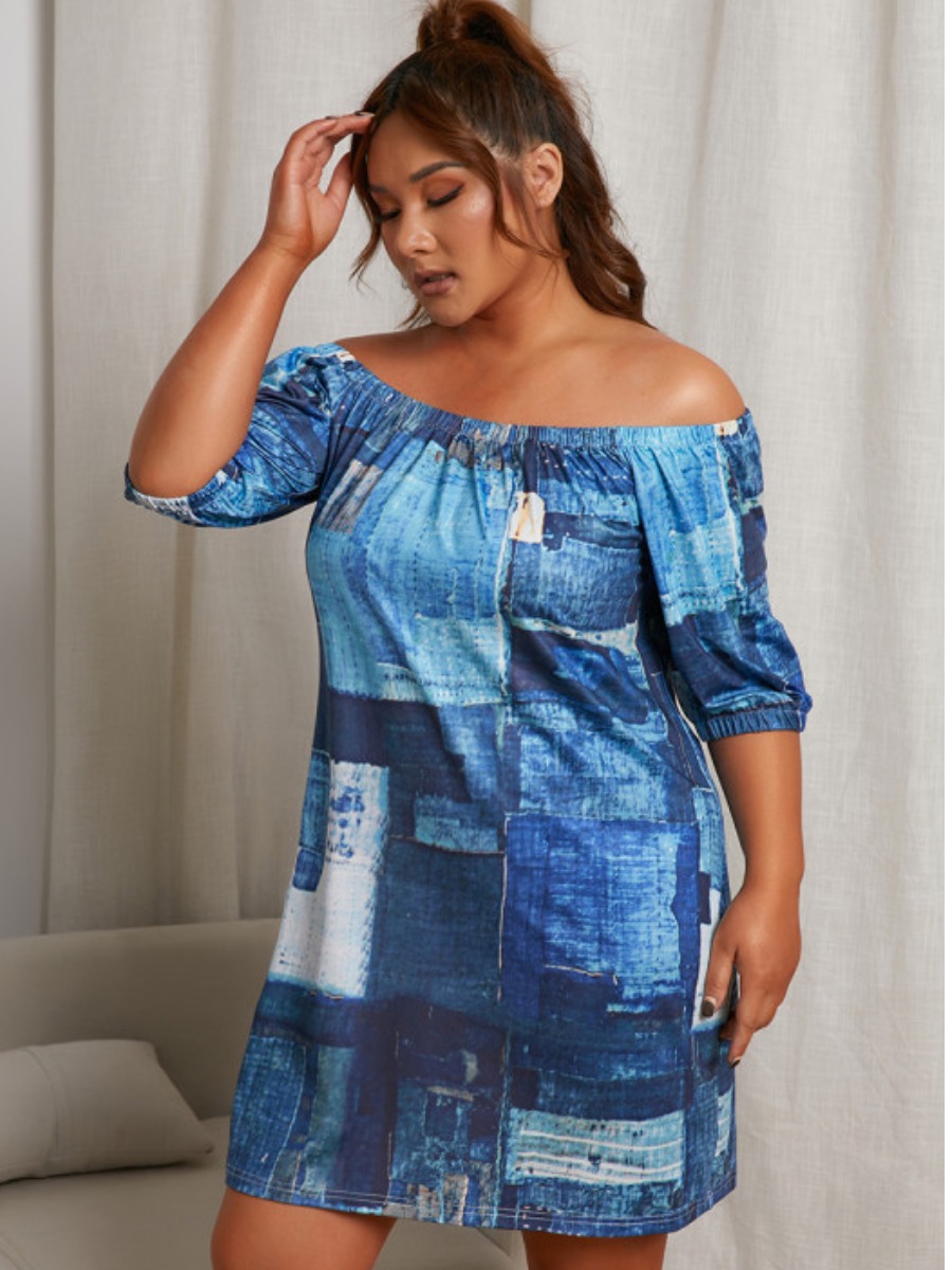 

Lovely Off The Shoulder Patchwork Dress, Blue