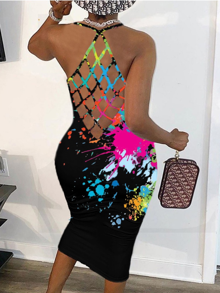 

Lovely Splash-ink Design Backless Dress, Black