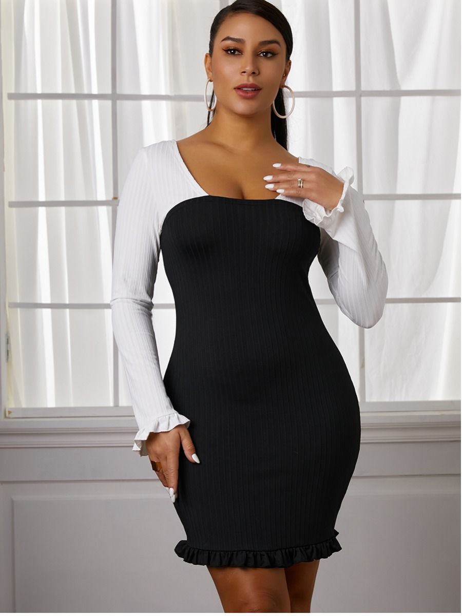 

Lovely Bandage Flounce Design Patchwork Dress, Black and white