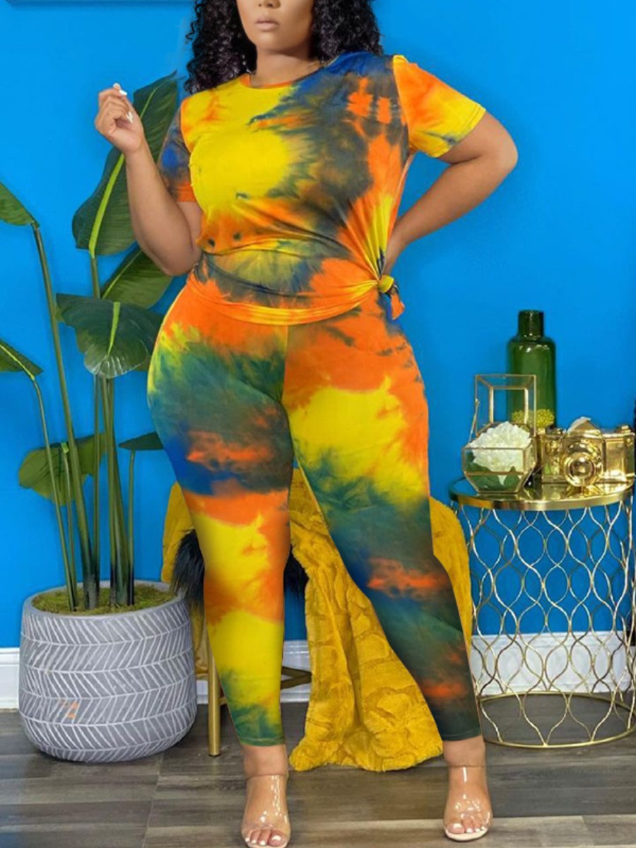 

LW Plus Size Round Neck Tie-dye Two-piece Pants Set, Yellow